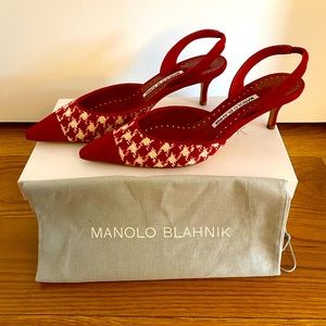 NWB Manolo Blahnik Carolyne Cap 50 red wool houndstooth and leather sz 38
